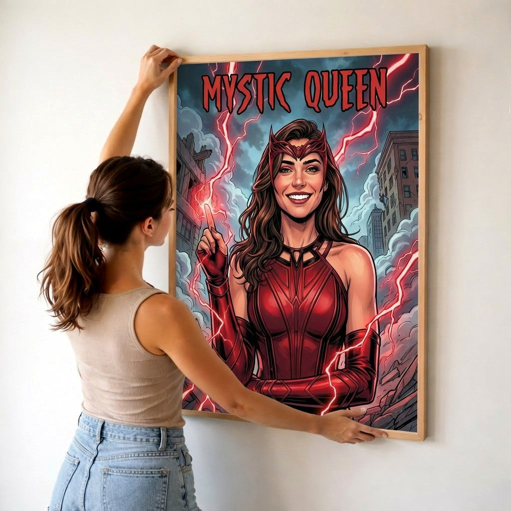 Woman hanging a framed poster of 'Mystic Queen' on a wall.
