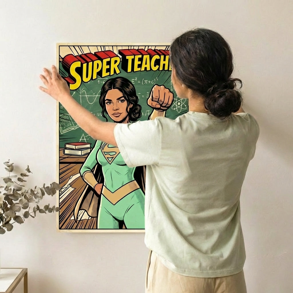 Person pointing at a framed superhero-themed artwork of a teacher labeled 'Super Teacher'.