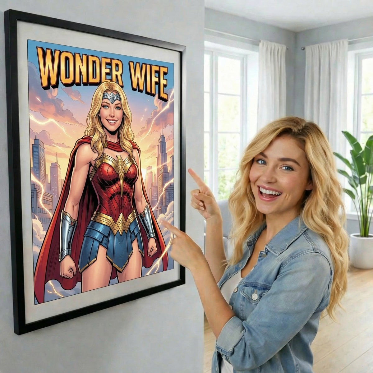 Woman pointing at a framed 'Wonder Wife' superhero poster in a bright room.