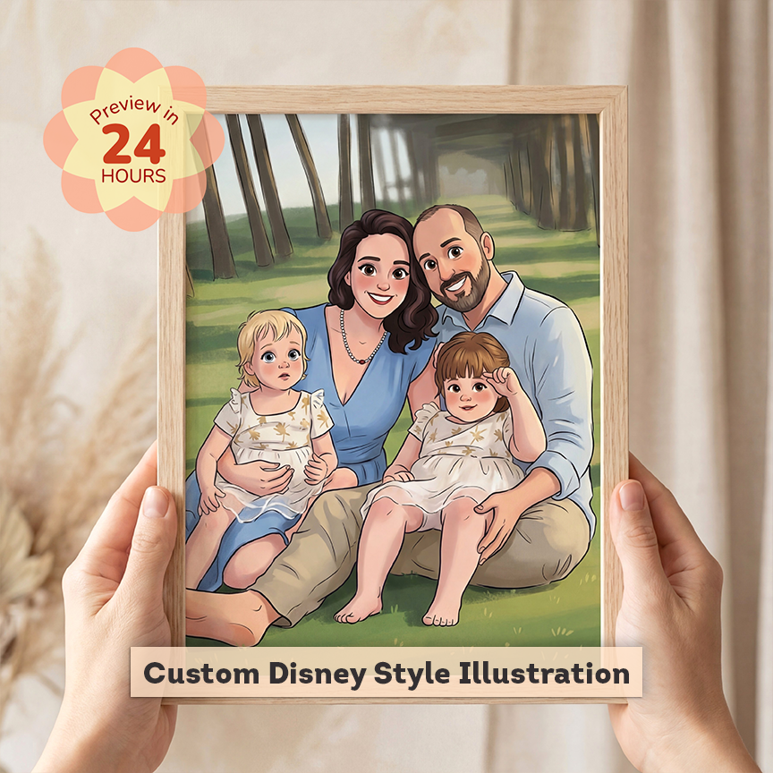 Framed custom Disney-style illustration of a family sitting on grass.