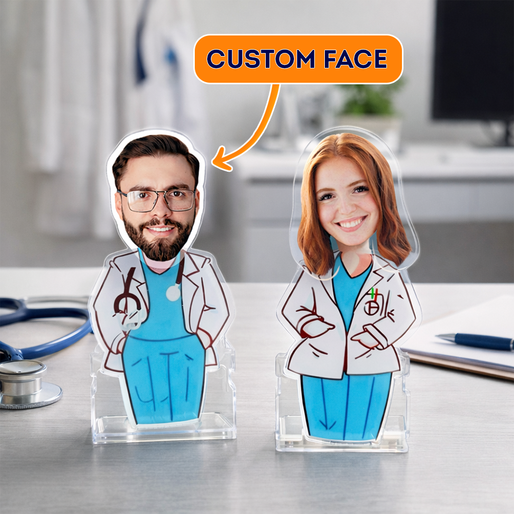 Custom face doctor acrylic standee, personalized cartoon doctor figures made from customer photos, shown as medical desk decor and unique gift for doctors