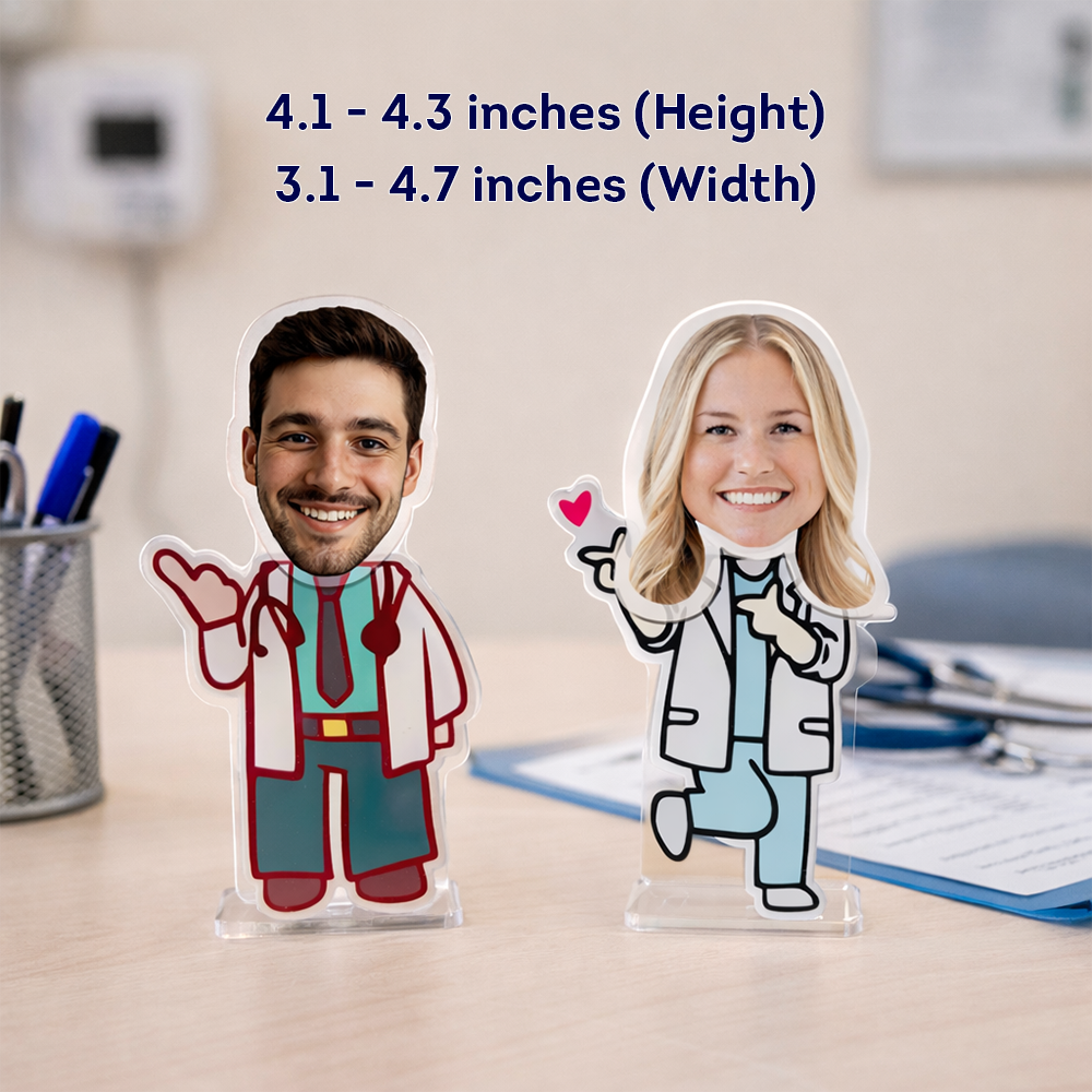 Custom doctor acrylic standee size reference, personalized cartoon doctor figures made from photos, measuring approximately 4.1–4.3 inches tall and 3.1–4.7 inches wide