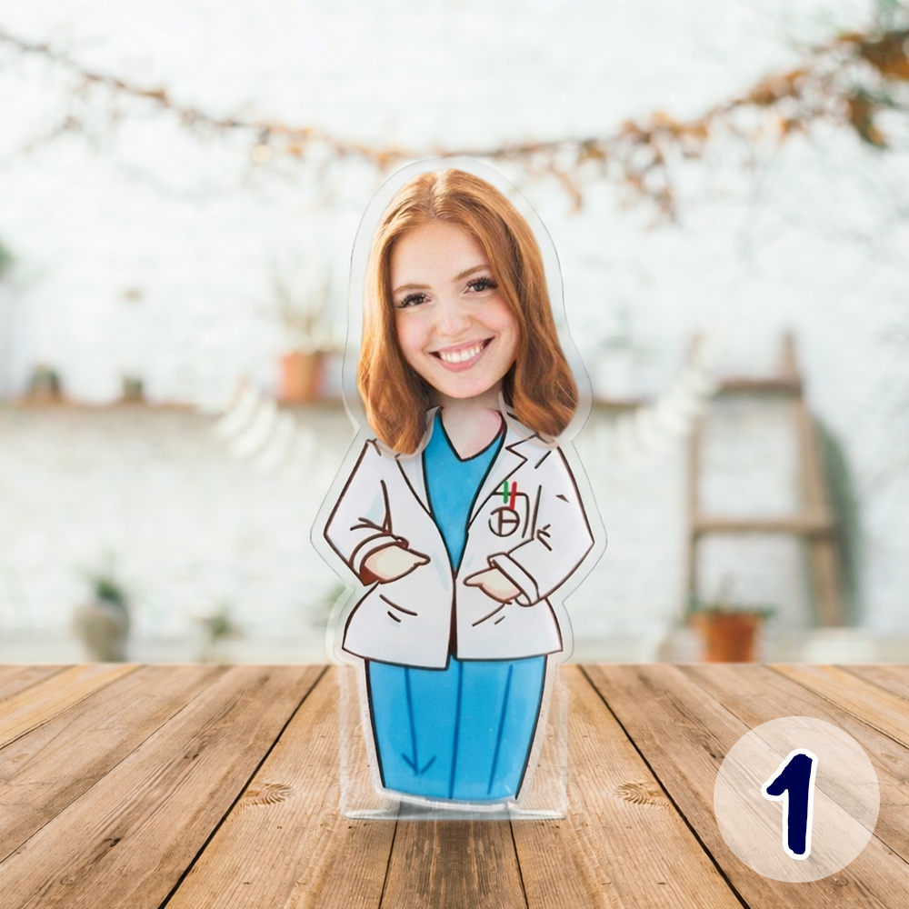 Personalized doctor acrylic standee made from customer photo, featuring a custom cartoon female doctor figure displayed on a desk as a unique medical gift