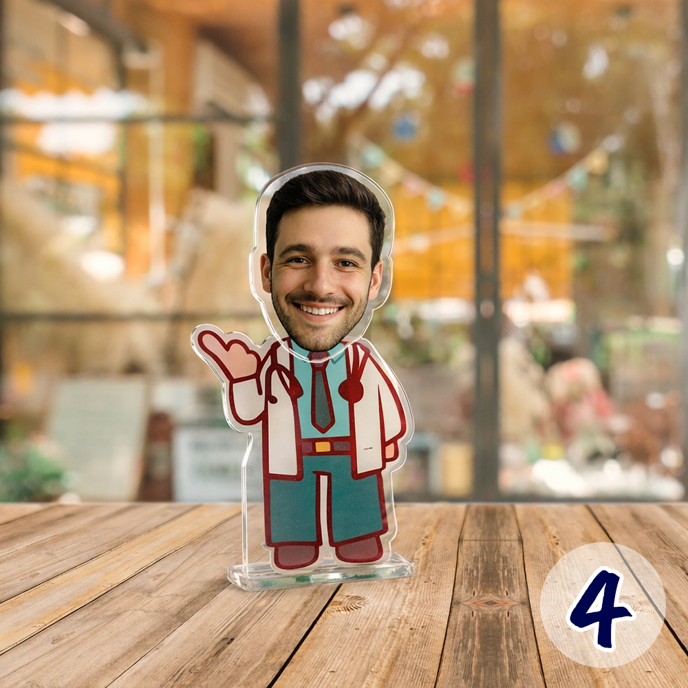 Custom face doctor acrylic standee with friendly waving pose, personalized cartoon male doctor figure made from photo, ideal as a fun medical office or desk gift