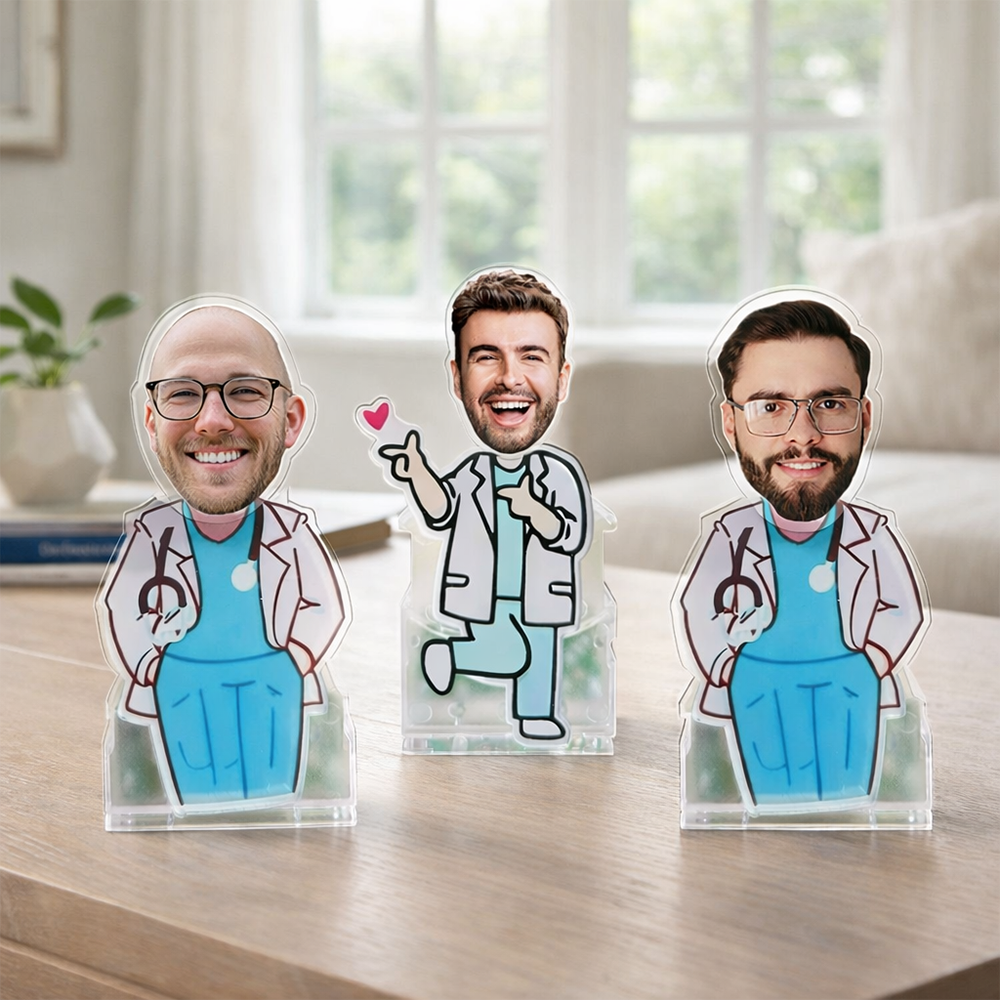 Custom doctor acrylic standees displayed together, featuring multiple personalized cartoon doctor figures made from photos, perfect for medical office decor or unique doctor gift ideas