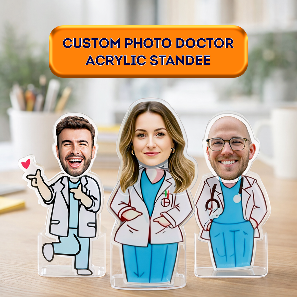 Custom photo doctor acrylic standee, personalized cartoon doctor figurines made from real photos, featuring male and female medical professionals as cute desk display gifts