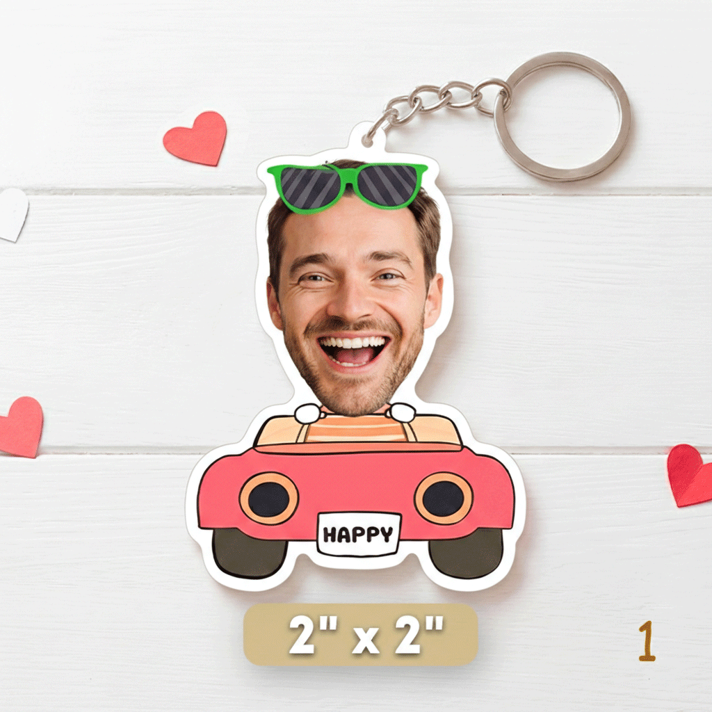 Keychain with a cartoon car and face, hearts on a white background