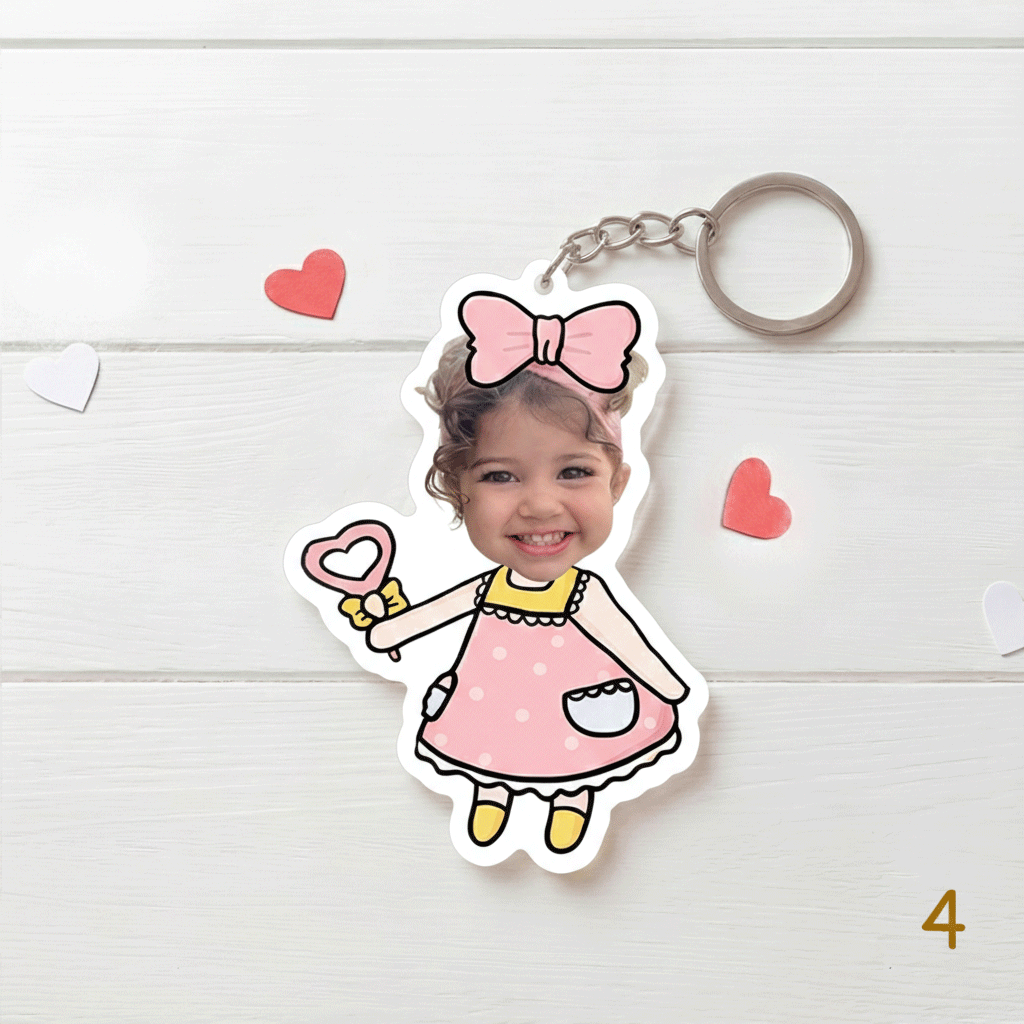 Keychain with a cartoon design of a child holding a heart on a white background