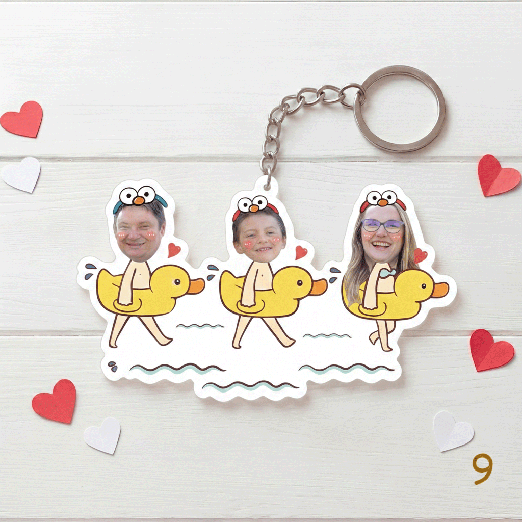 Keychain with cartoon ducks and people on a wooden background