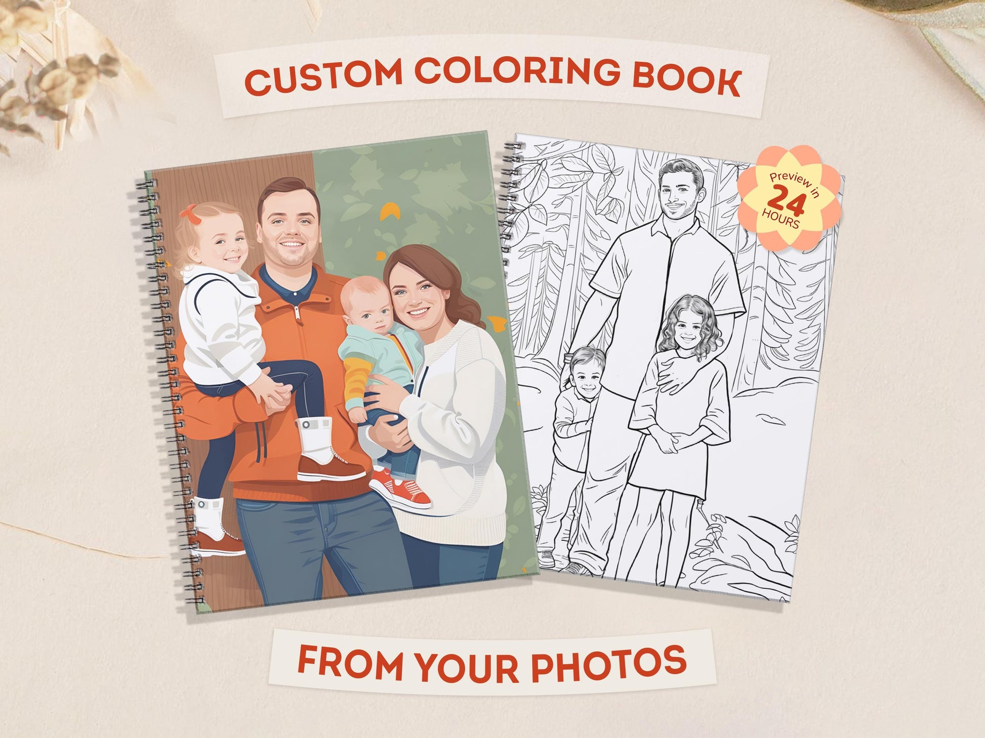 Custom coloring book with a family photo on the cover and a coloring page of the same family.