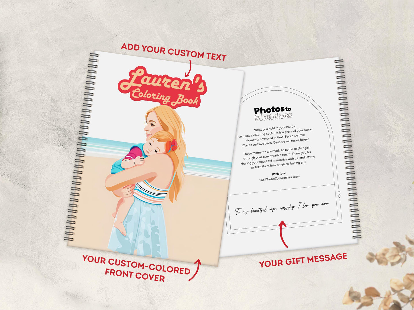 Coloring book with customizable text and design elements on a textured surface.