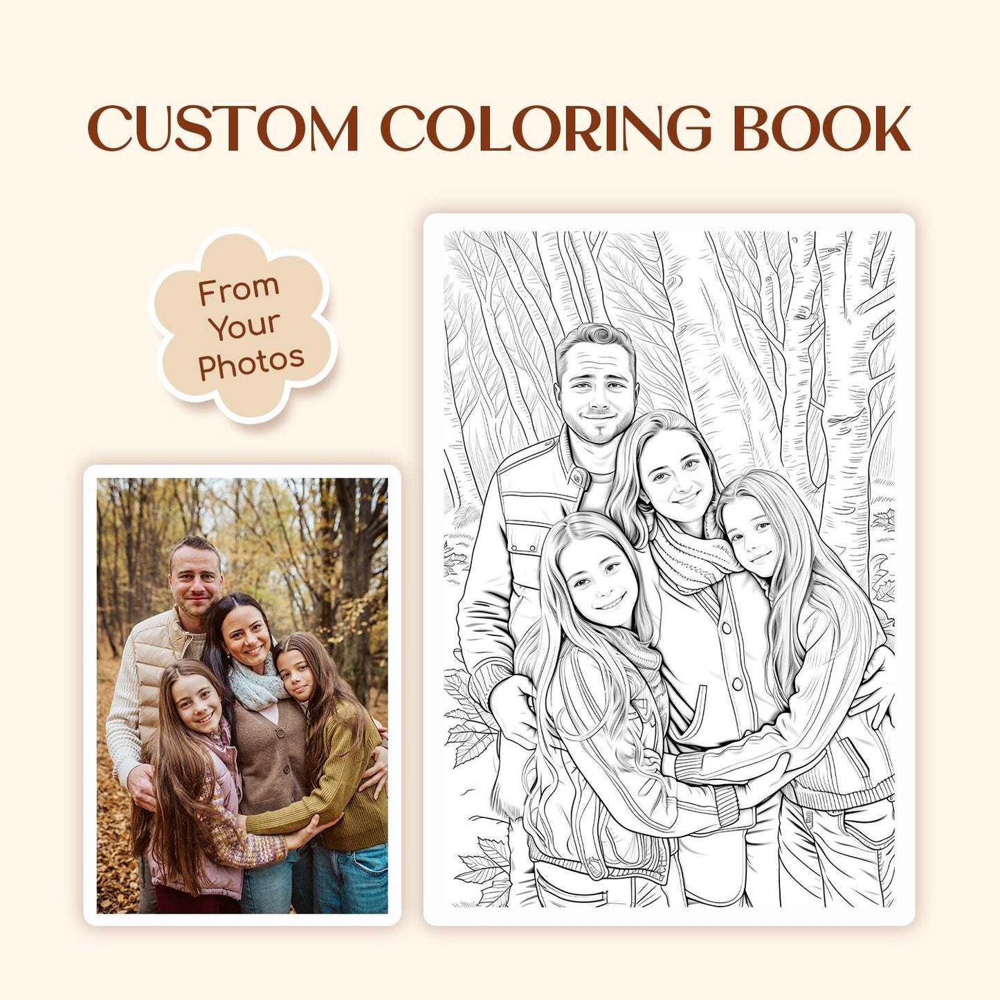 Custom coloring book with a family photo and coloring page on a white background