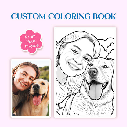 Custom coloring book with a photo of a woman and dog