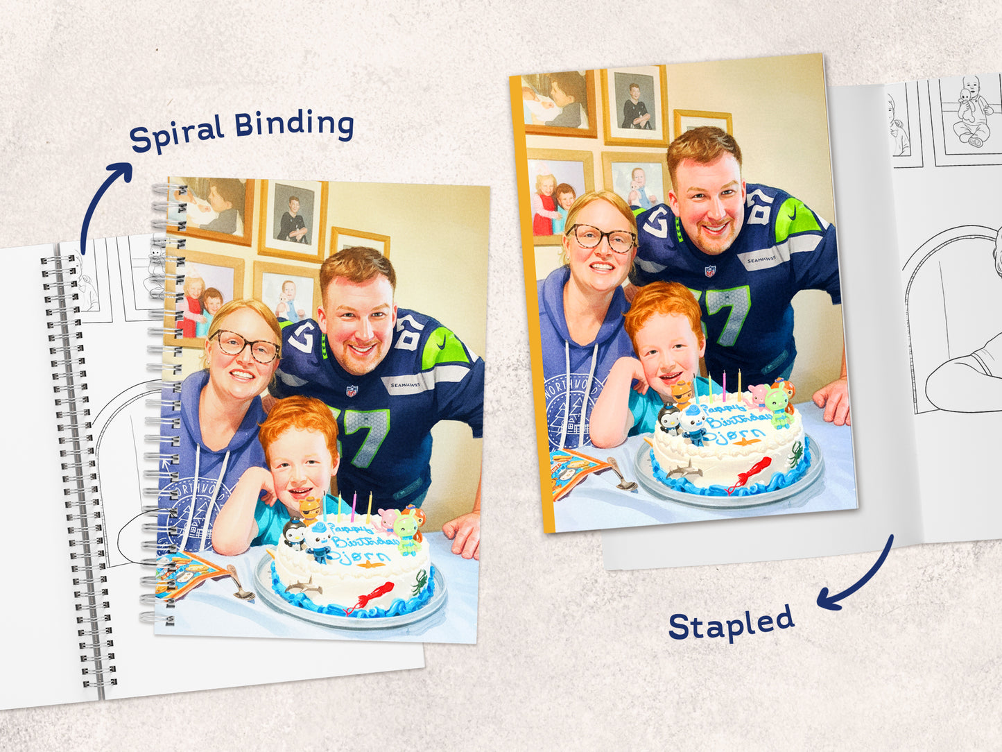 Two photo books showing spiral binding and stapled binding with family photos.