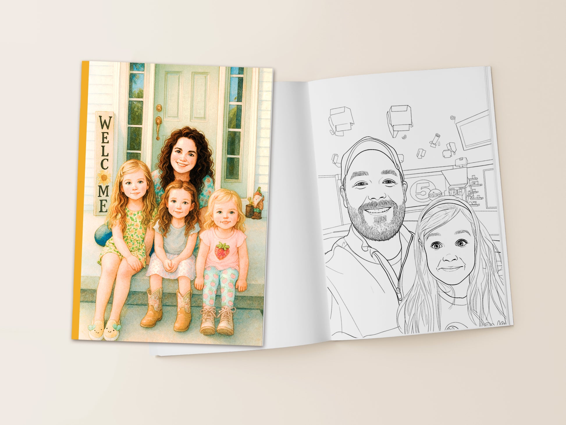 Open book showing a colorable illustration of a family on one page and a photograph of a family on the other.