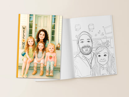 Open book showing a colorable illustration of a family on one page and a photograph of a family on the other.