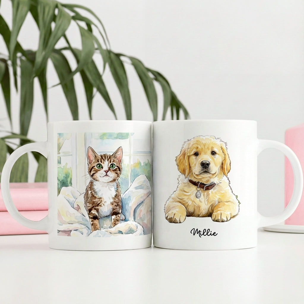 Two mugs with illustrations of a cat and a dog, one named 'Mellie', on a light background.