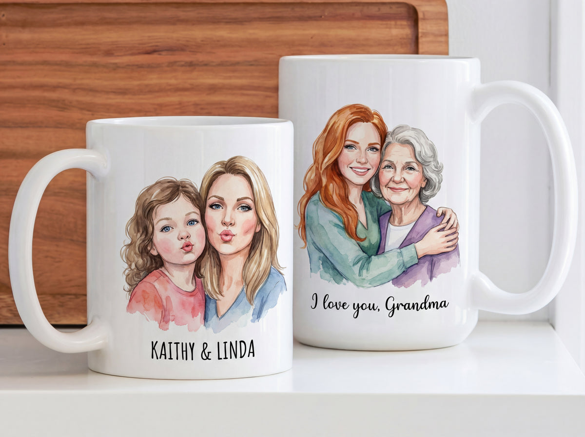 Two mugs with artistic portraits of women and text on a wooden surface.