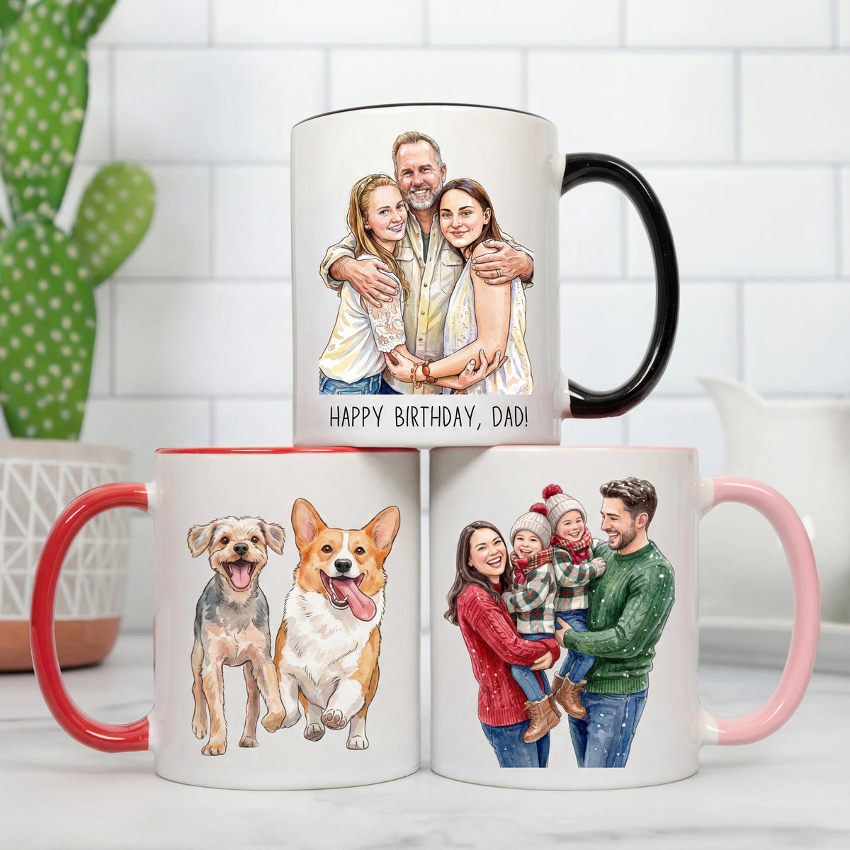 Three mugs with personalized designs of people and dogs on a white surface.