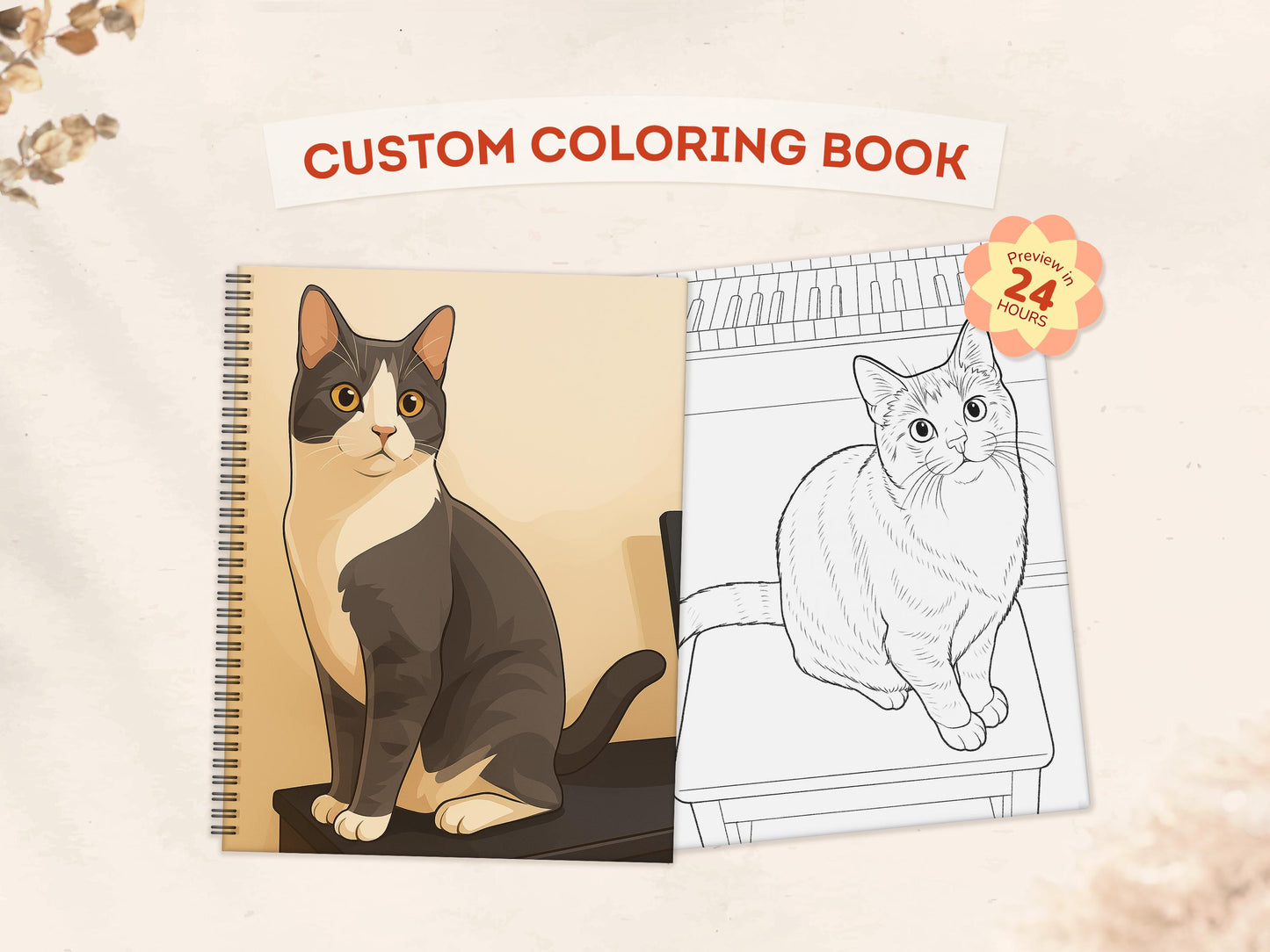 Custom coloring book with a cat illustration and a sample page