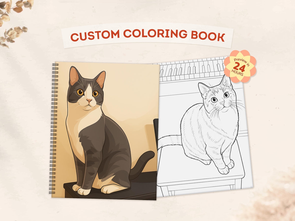 Custom coloring book with a cat illustration and a sample page