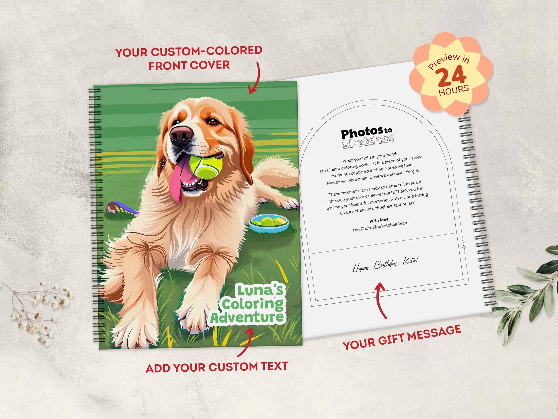 Personalized coloring book with a dog on the cover and customization options.