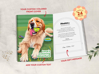 Personalized coloring book with a dog on the cover and customization options.