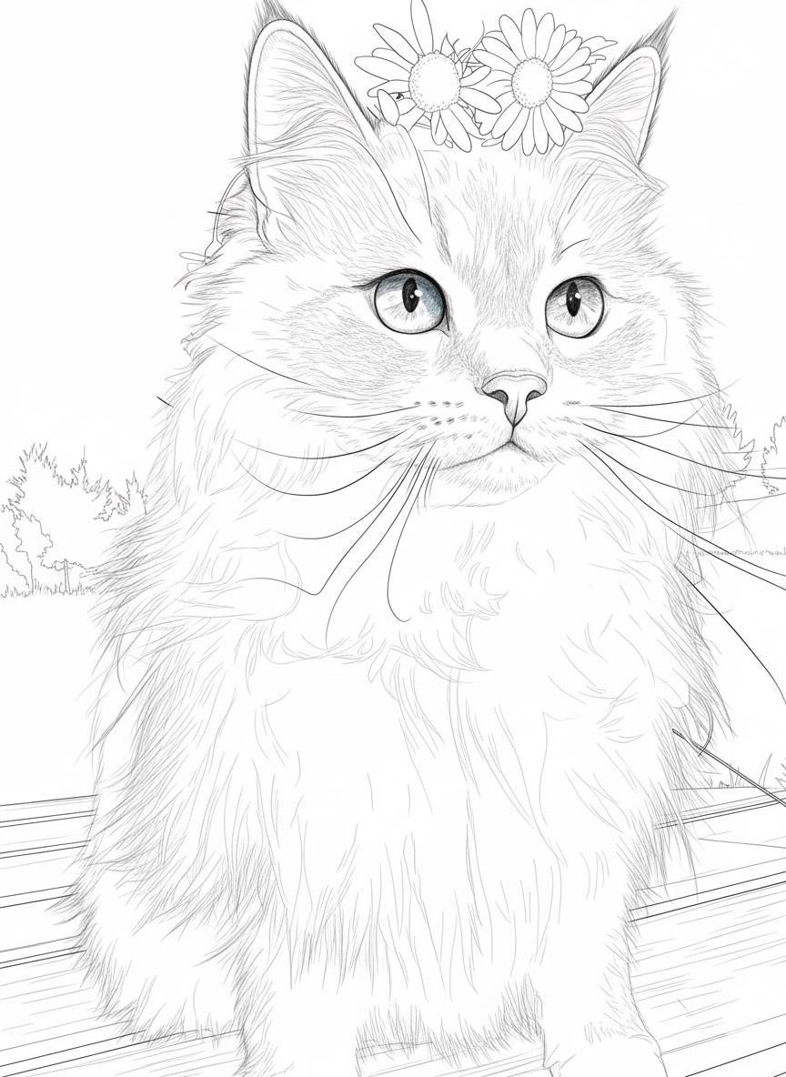 Line drawing of a cat with flowers.