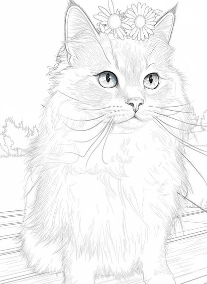 Line drawing of a cat with flowers.