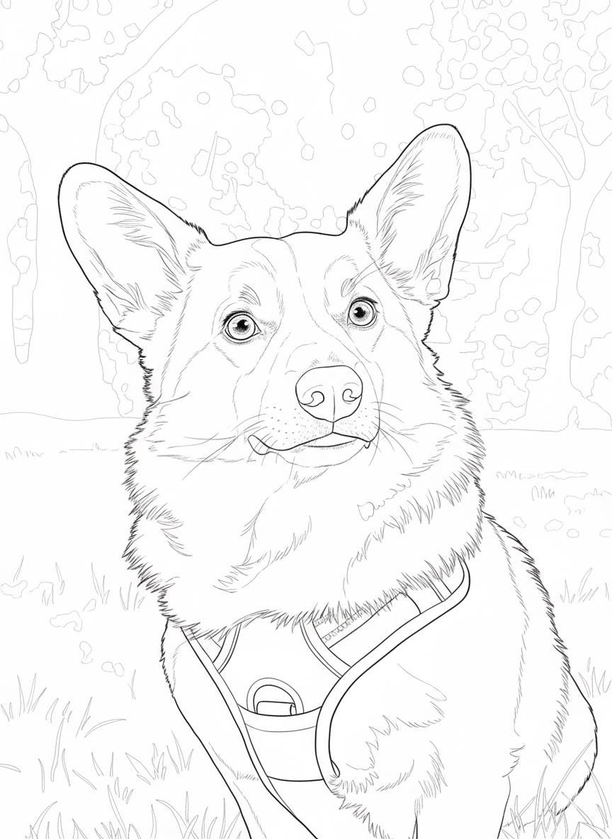 Black and white line drawing of a Corgi dog with a collar.