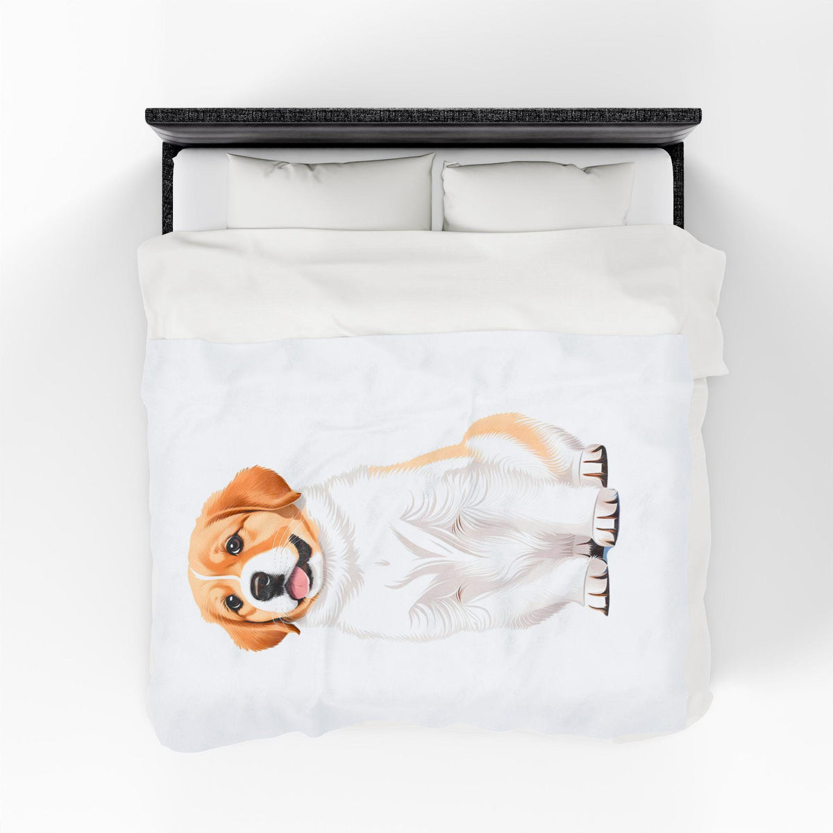 Bedding set with a dog design on a white bed