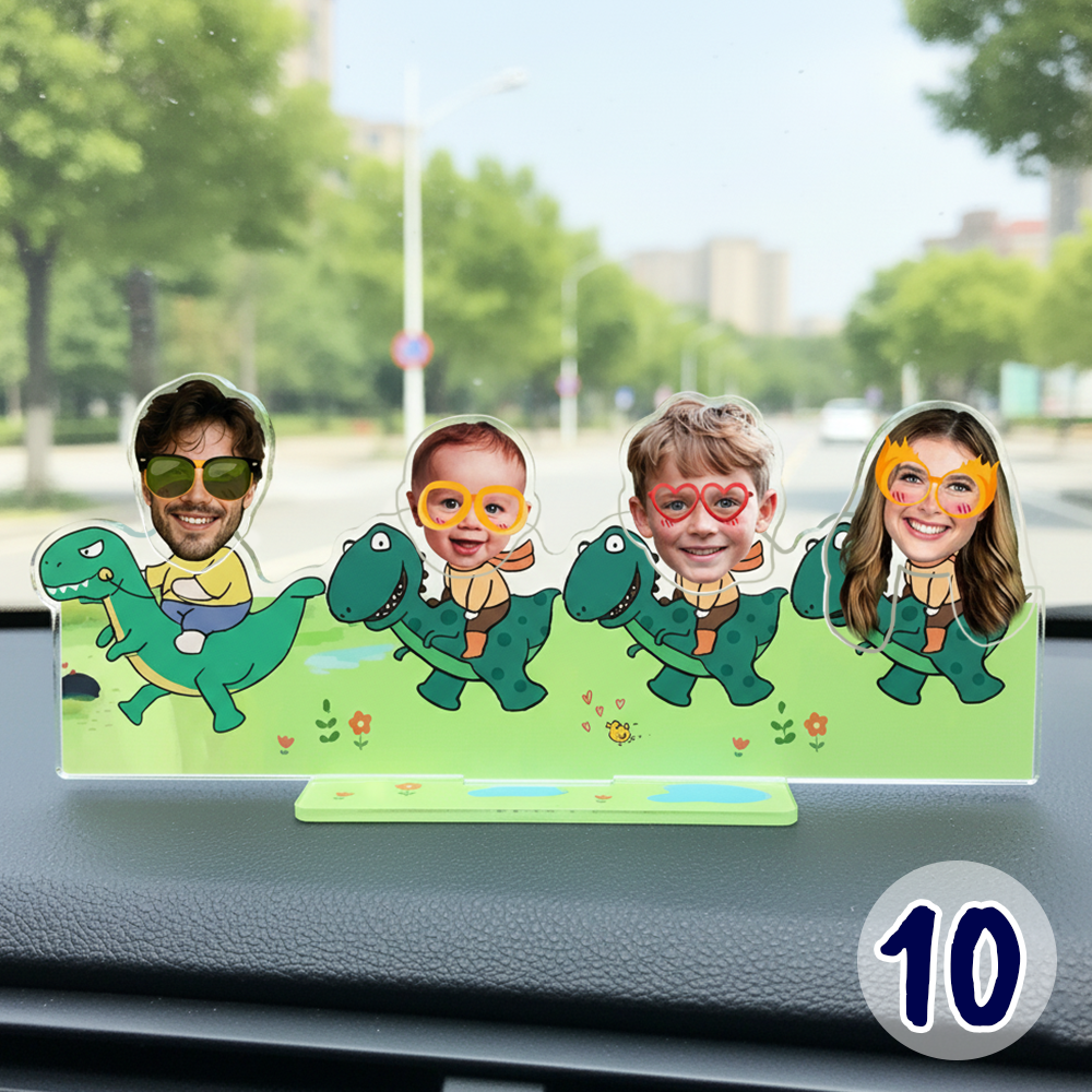 Personalized family bobblehead standee with custom faces in a cute dinosaur cartoon design on acrylic base