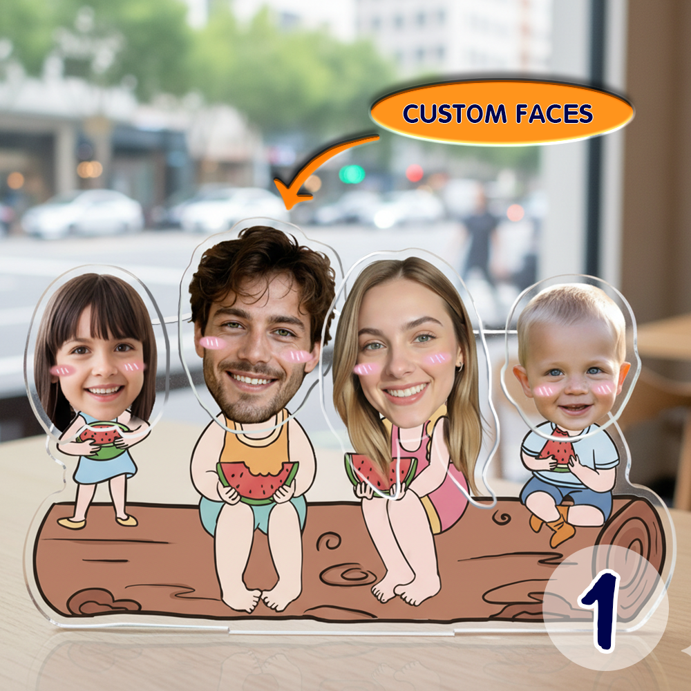 Custom bobblehead standee with personalized faces of a family sitting together
