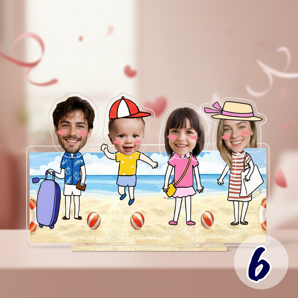 Personalized family bobblehead standee with custom faces in a beach summer theme on acrylic base