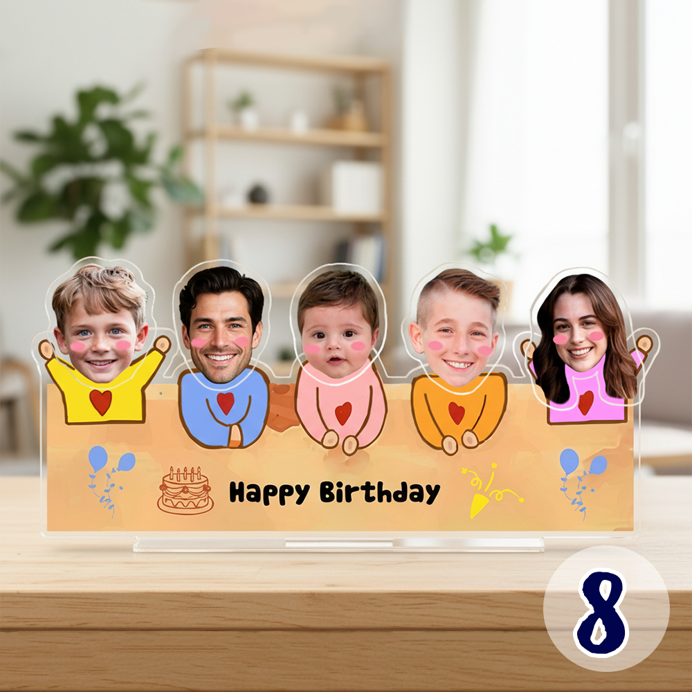 Personalized family bobblehead standee with custom faces and “Happy Birthday” design on acrylic base