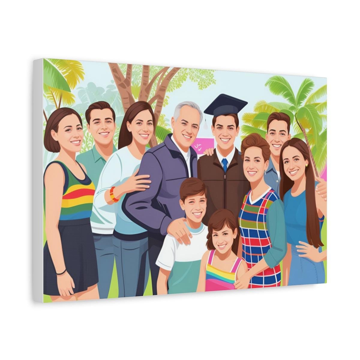 Illustration of a family with a graduate among palm trees
