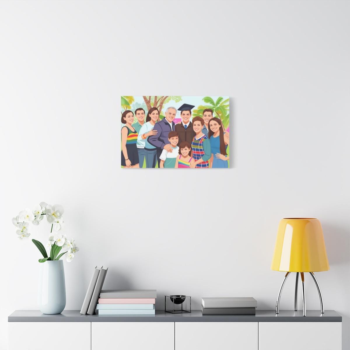 Family portrait on a wall above a table with decor items