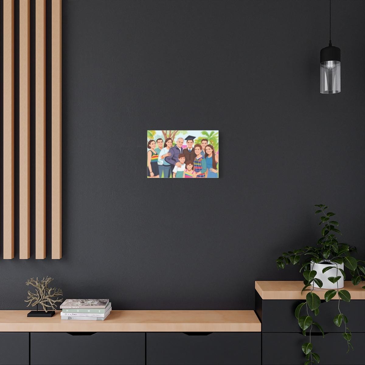 Family portrait on a dark wall with a wooden shelf and plant in the foreground