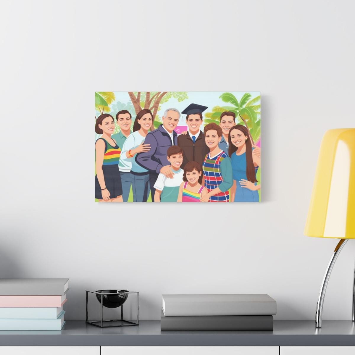 Colorful family portrait on a wall above a shelf with books and a lamp.