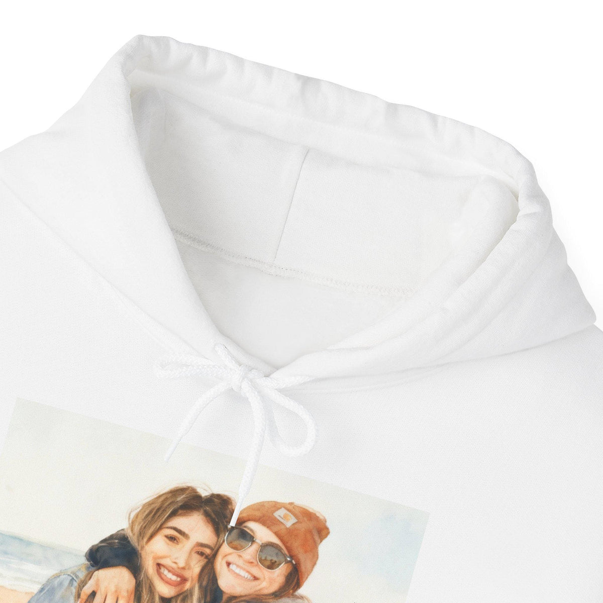 White hoodie with a printed design of two people on a white background