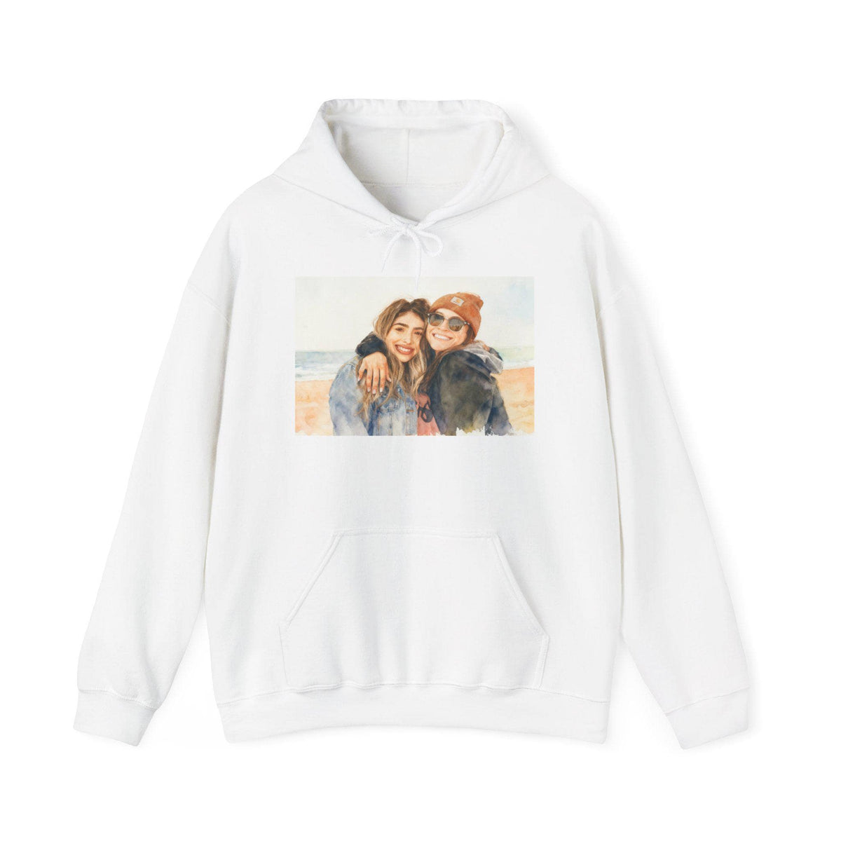 White hoodie with a printed photo of two people on a white background