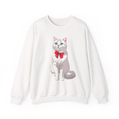White sweatshirt with a cat graphic wearing a red bow tie on a white background