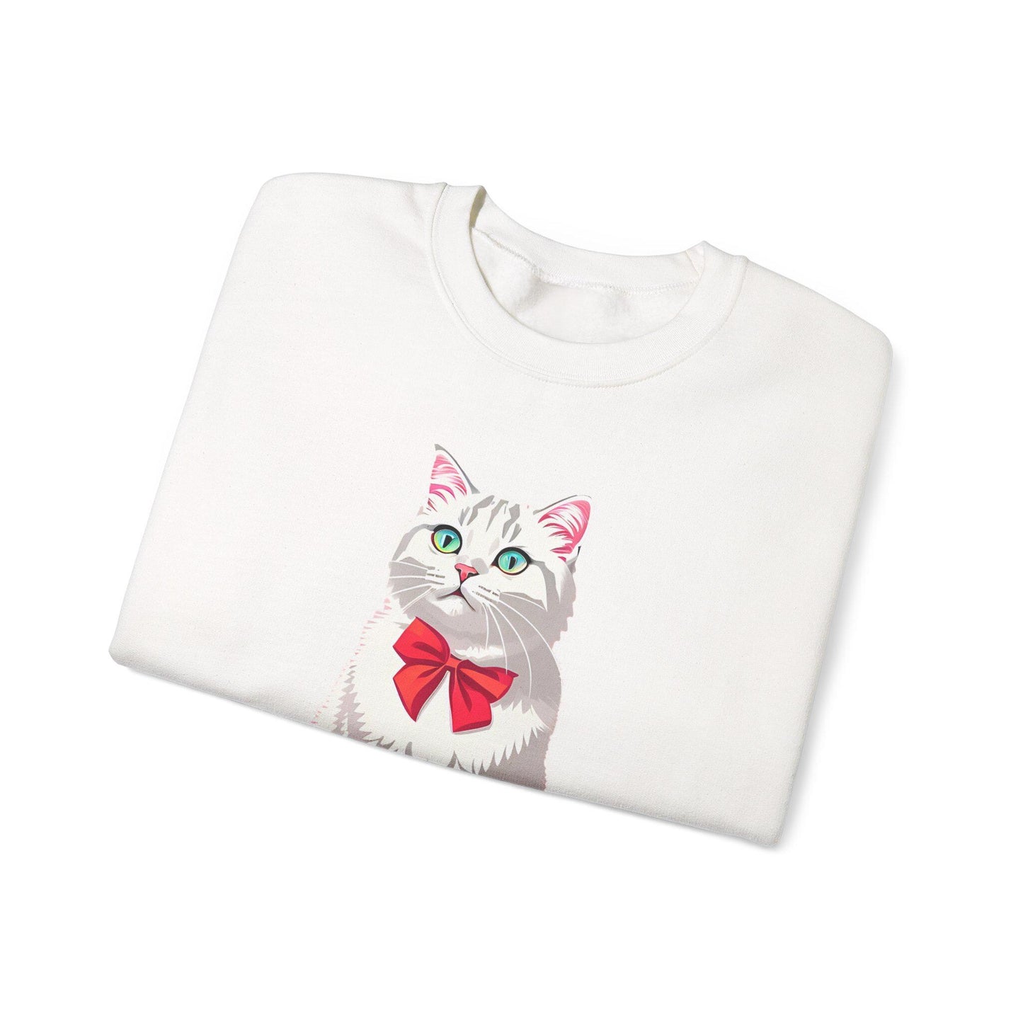 White sweatshirt with a cat graphic and red bow on a white background