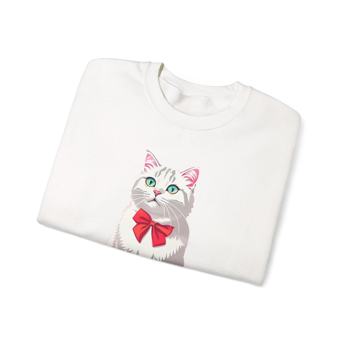 White sweatshirt with a cat graphic and red bow on a white background