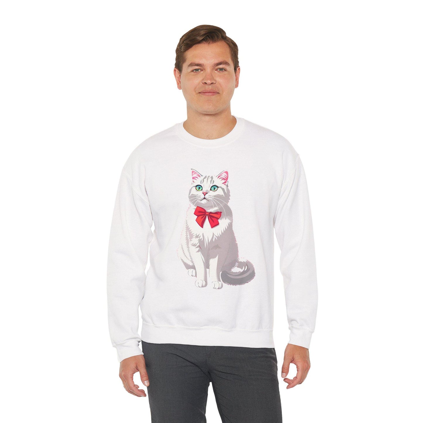 Person wearing a white sweatshirt with a cat graphic and red bow tie on a white background