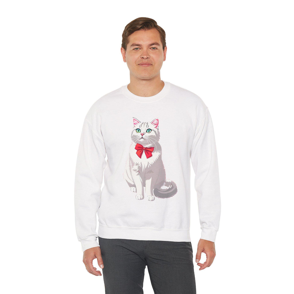 Person wearing a white sweatshirt with a cat graphic and red bow tie on a white background