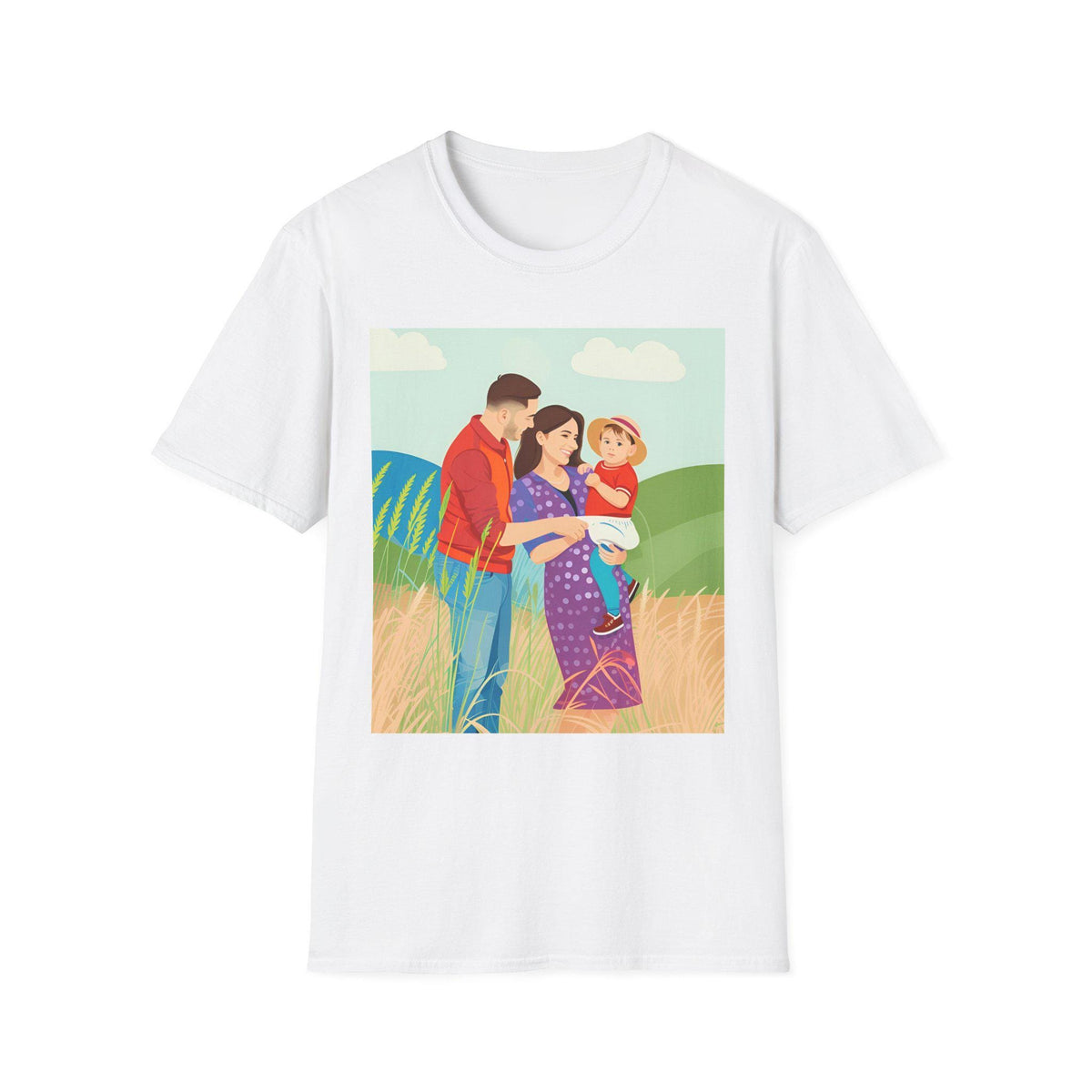 White t-shirt with a colorful graphic of a family in a field on a white background