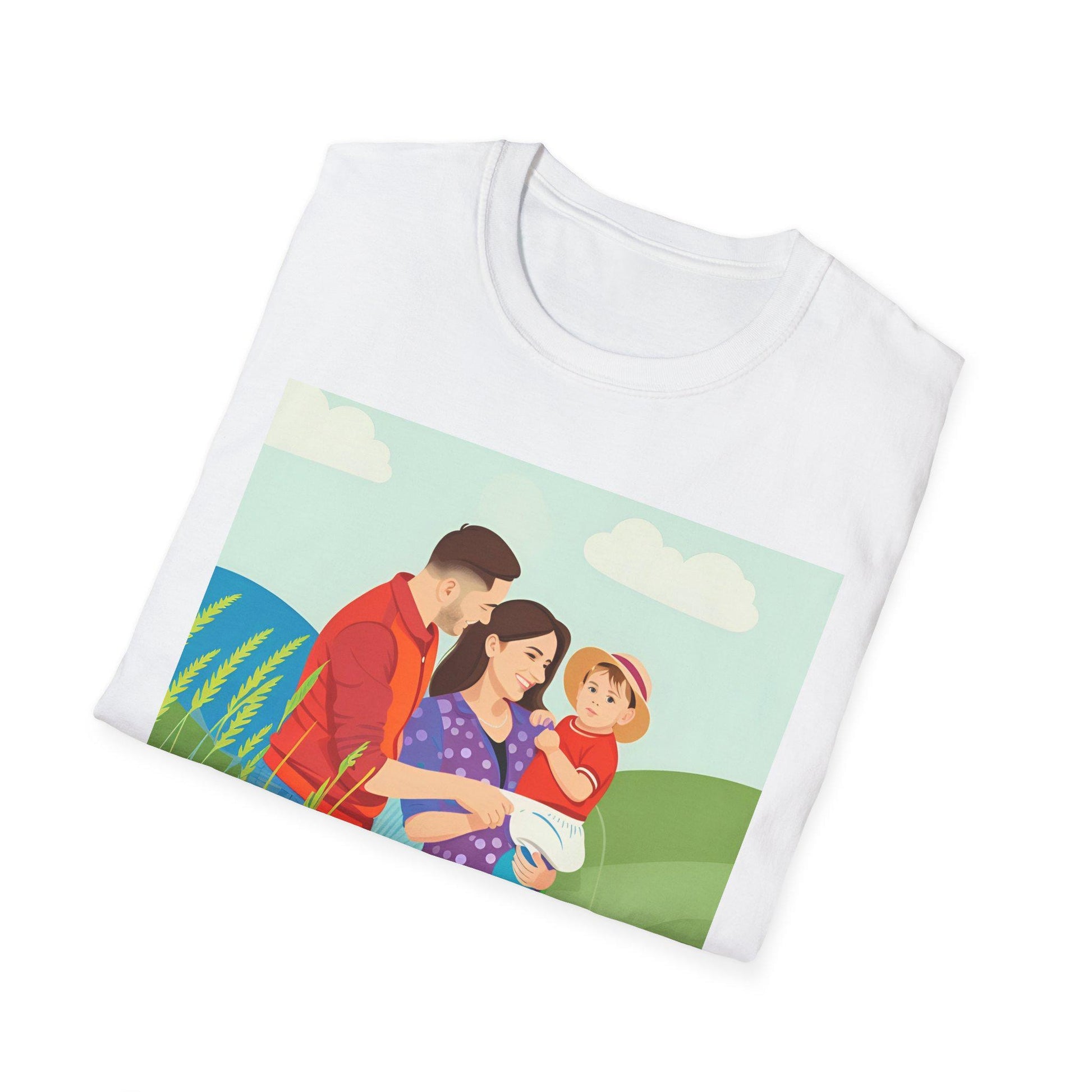 White t-shirt with a colorful graphic of a family on a field