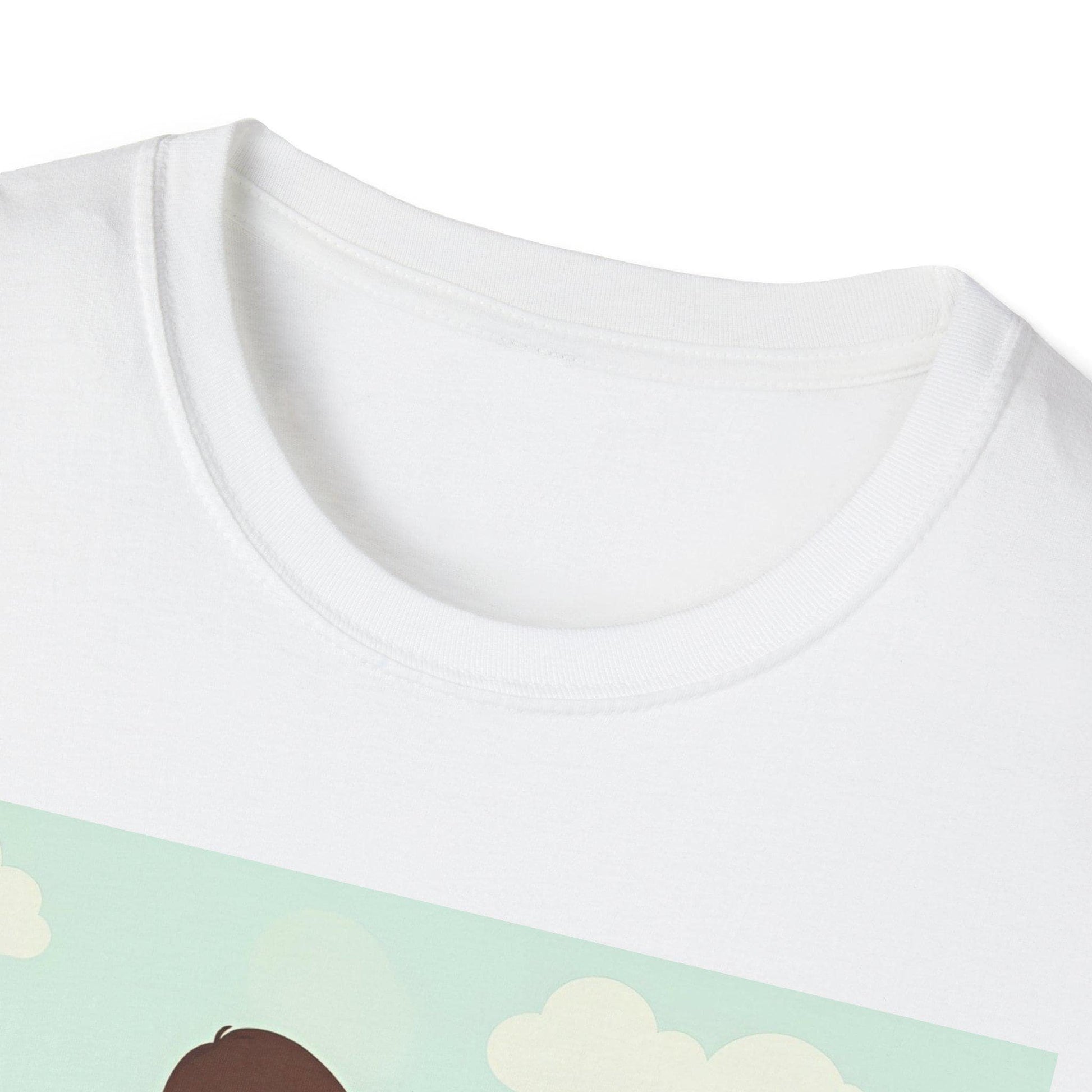 Close-up of a white t-shirt with a colorful design on a light green background