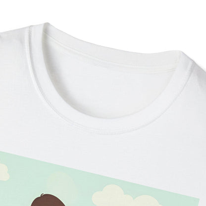 Close-up of a white t-shirt with a colorful design on a light green background